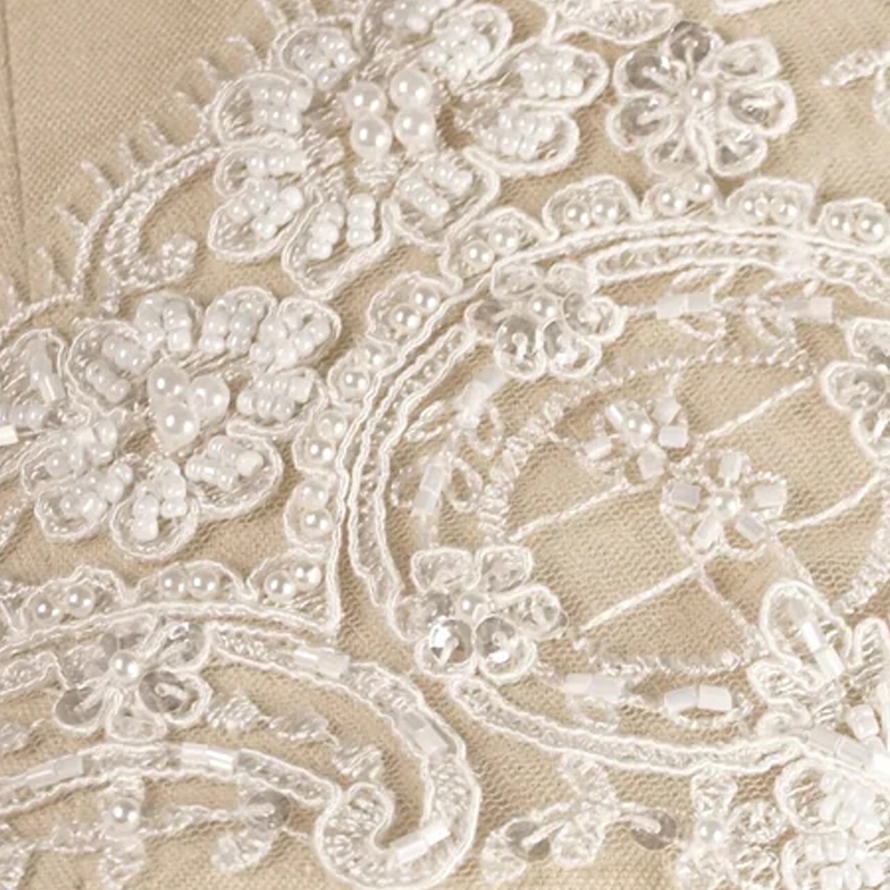 1 Yard Ivory Flowers and Oval Shapes Scalloped Netted Beads and Sequins Bridal Veil Lace Trim